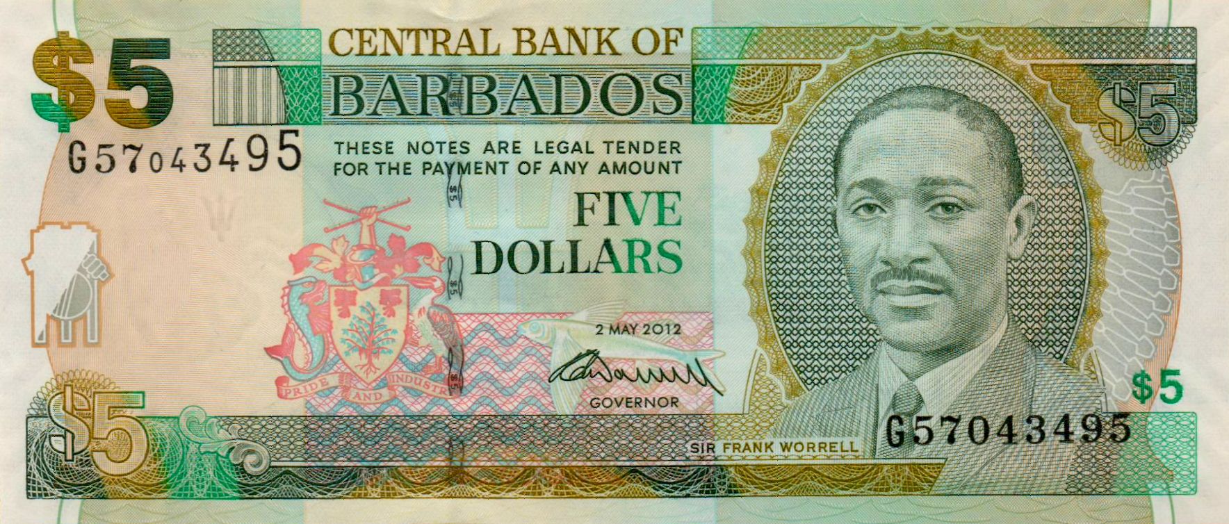 Barbados 5 2012 UNC P-67/c